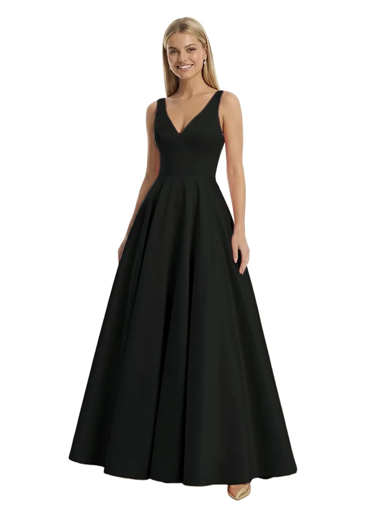 Elegant V-Neck A-Line Satin Floor-Length Prom Gown Minimalist Sleek Evening Dress sold by ChicSew product image thumbnail 3