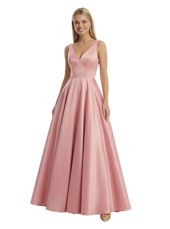 Elegant V-Neck A-Line Satin Floor-Length Prom Gown Minimalist Sleek Evening Dress sold by ChicSew