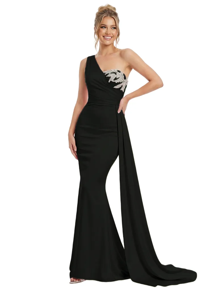 Modern Satin One Shoulder Beaded Mermaid Prom Gown With Waist Drape sold by ChicSew product image thumbnail 4