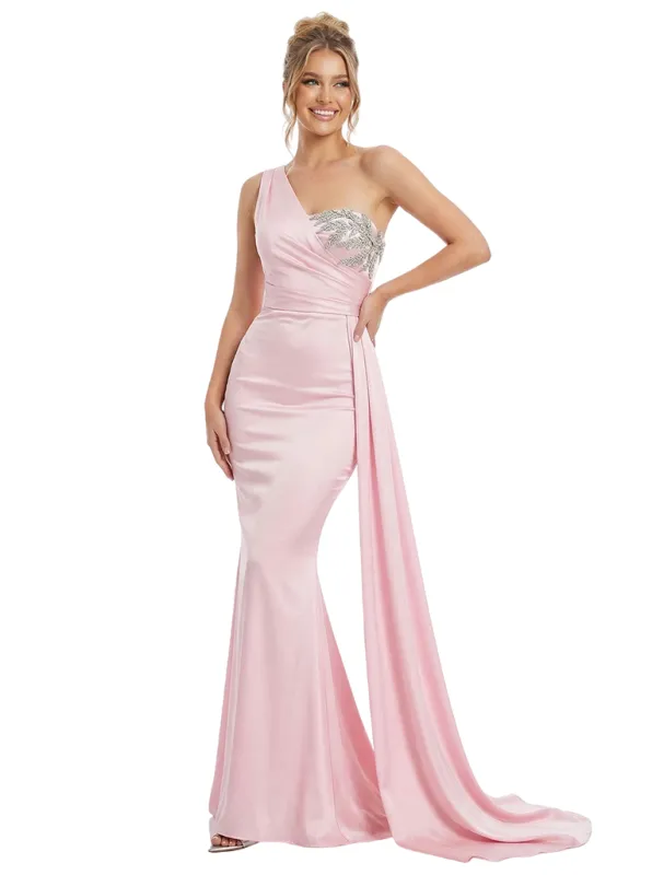 Modern Satin One Shoulder Beaded Mermaid Prom Gown With Waist Drape sold by ChicSew