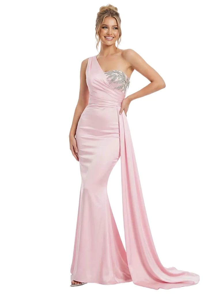 Modern Satin One Shoulder Beaded Mermaid Prom Gown With Waist Drape sold by ChicSew