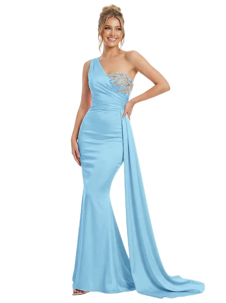 Modern Satin One Shoulder Beaded Mermaid Prom Gown With Waist Drape sold by ChicSew product image thumbnail 5