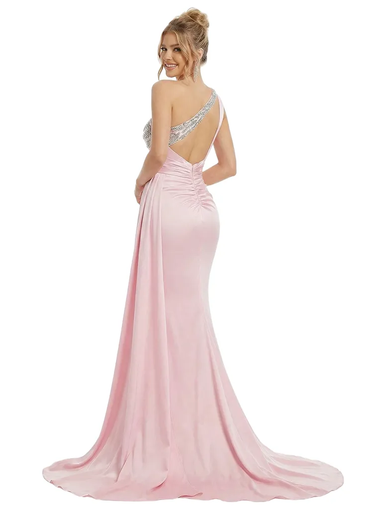 Modern Satin One Shoulder Beaded Mermaid Prom Gown With Waist Drape sold by ChicSew product image thumbnail 3