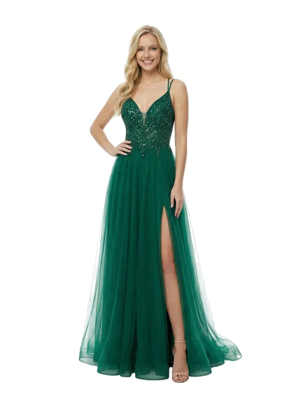 Sparkly Sequin Spaghetti Straps Tulle Prom Dress With Side Slit Glamorous A-Line Gown sold by ChicSew