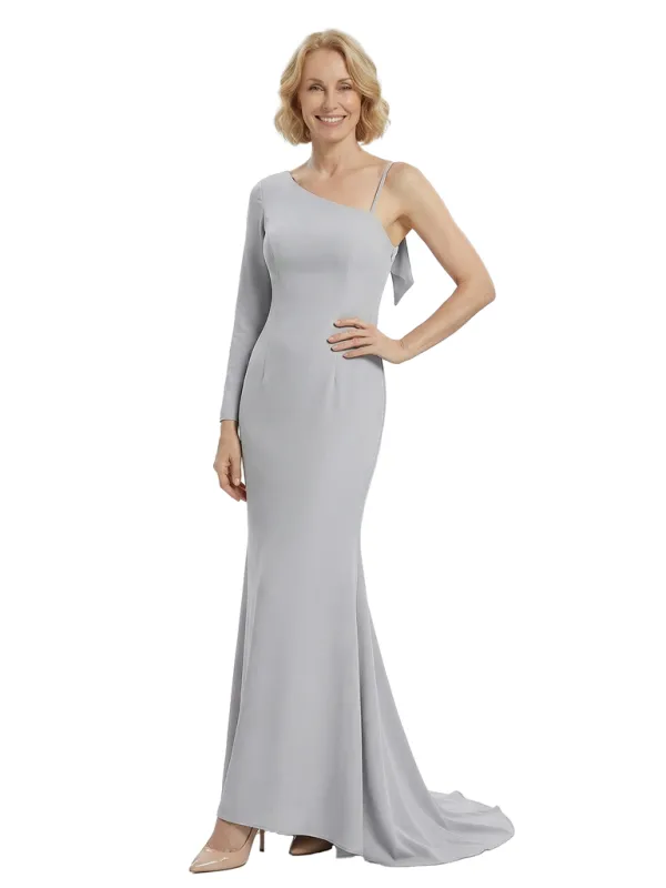 Chicsew Stylish Mother of The Bride Dress Asymmetrical Long Sleeve Fitted Mermaid Train Satin Fabric Modern Graceful Formal Wedding Celebration Gown sold by ChicSew