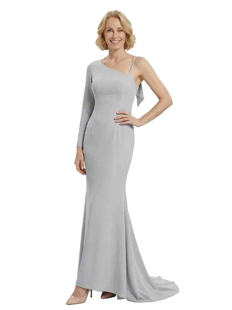 Chicsew Stylish Mother of The Bride Dress Asymmetrical Long Sleeve Fitted Mermaid Train Satin Fabric Modern Graceful Formal Wedding Celebration Gown sold by ChicSew