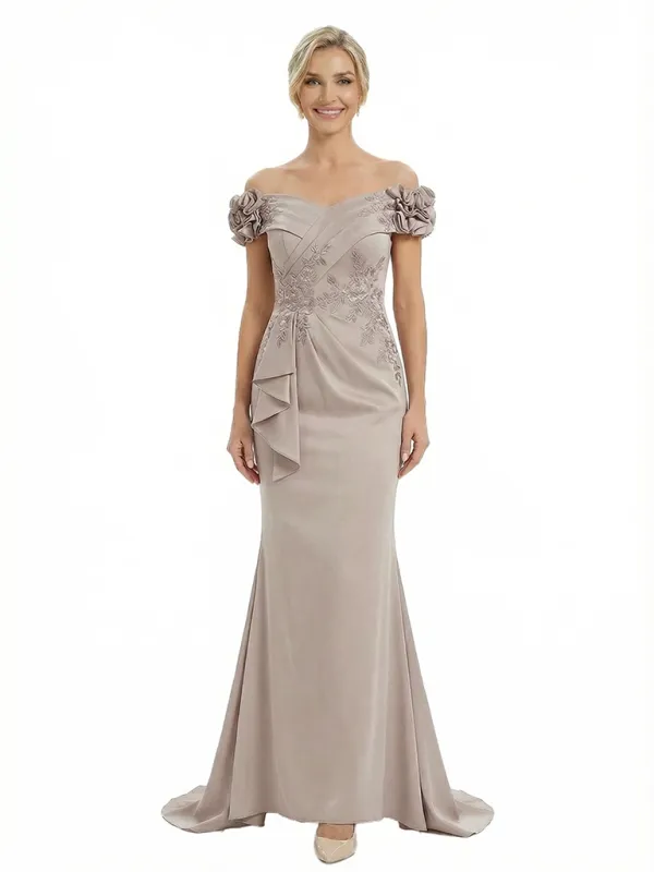 Chicsew Fancy Satin Off Shoulder Lace Appliques Ruched Mermaid Mother Of The Groom Gowns sold by ChicSew