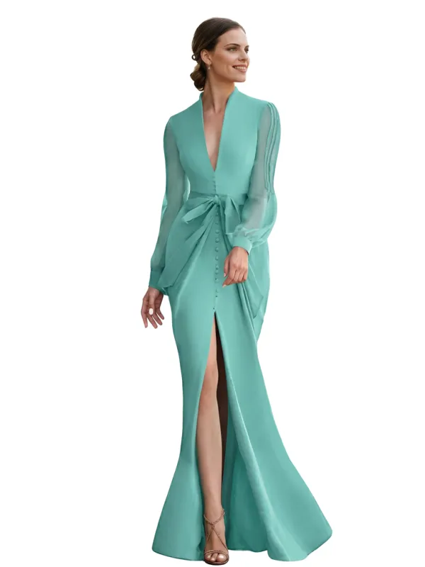 Chicsew V-Neck Long Sleeves Mother Of The Bride Gown Floor-Length Tulle Chiffon Party Dress sold by ChicSew