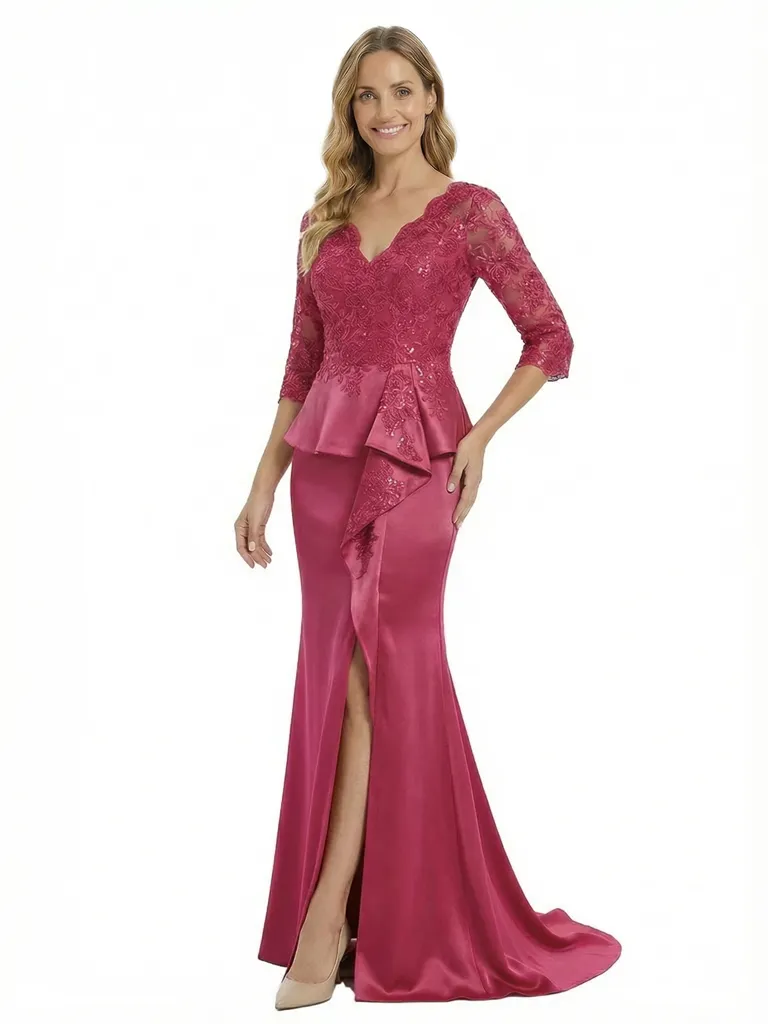 Chicsew Fancy Mother Of The Bride Dress V-Neck Lace 3/4 Sleeves Mermaid Satin Ruffled Formal Gown sold by ChicSew
