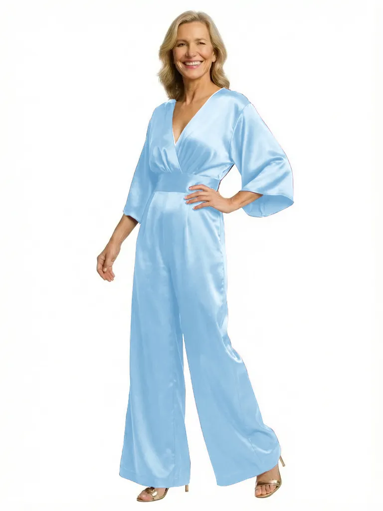 Chicsew Vintage V-Neck 3/4 Sleeves Satin Floor Length Mother of The Bride Jumpsuit sold by ChicSew product image thumbnail 5