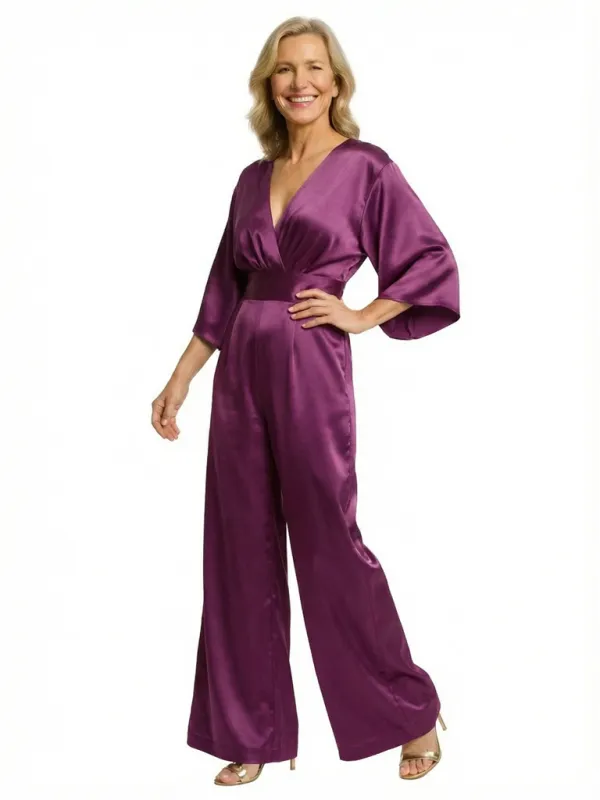 Chicsew Vintage V-Neck 3/4 Sleeves Satin Floor Length Mother of The Bride Jumpsuit sold by ChicSew