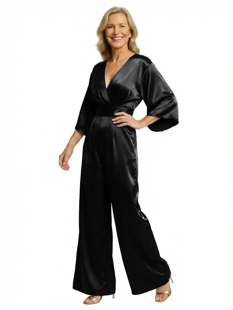 Chicsew Vintage V-Neck 3/4 Sleeves Satin Floor Length Mother of The Bride Jumpsuit sold by ChicSew product image thumbnail 4