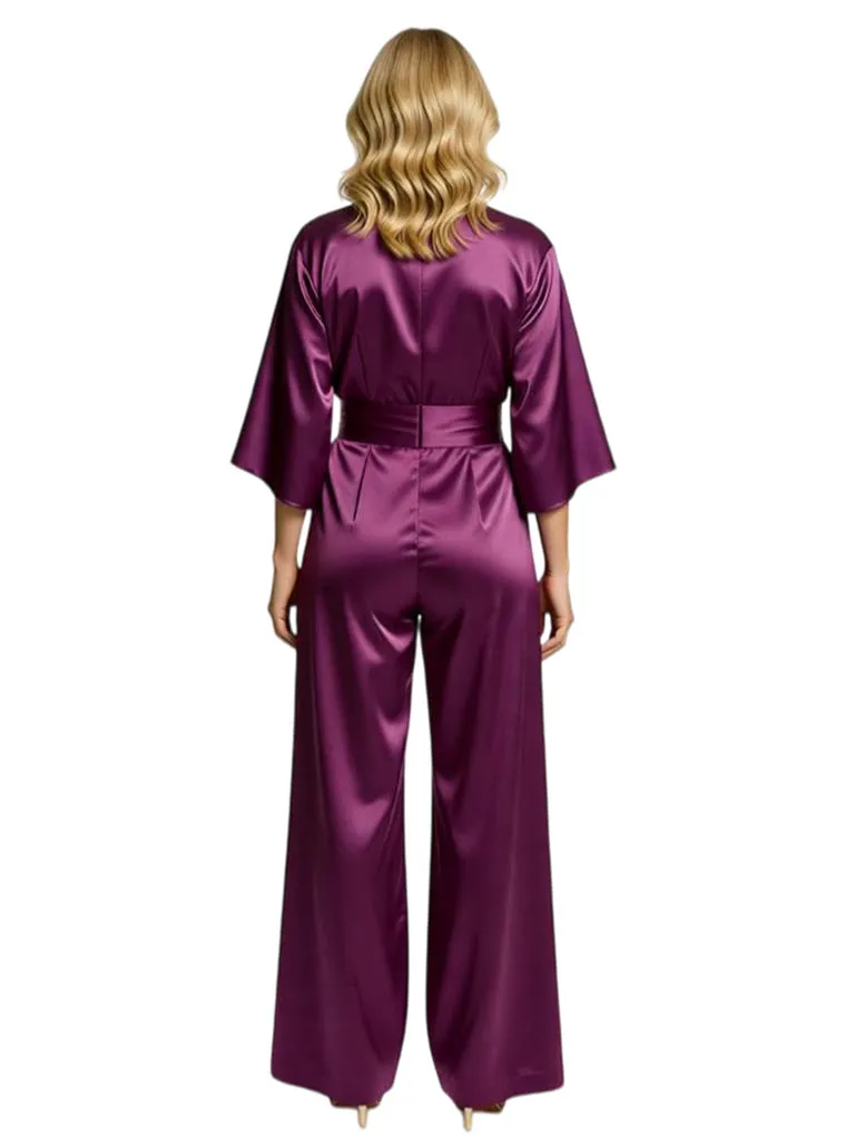 Chicsew Vintage V-Neck 3/4 Sleeves Satin Floor Length Mother of The Bride Jumpsuit sold by ChicSew product image thumbnail 2