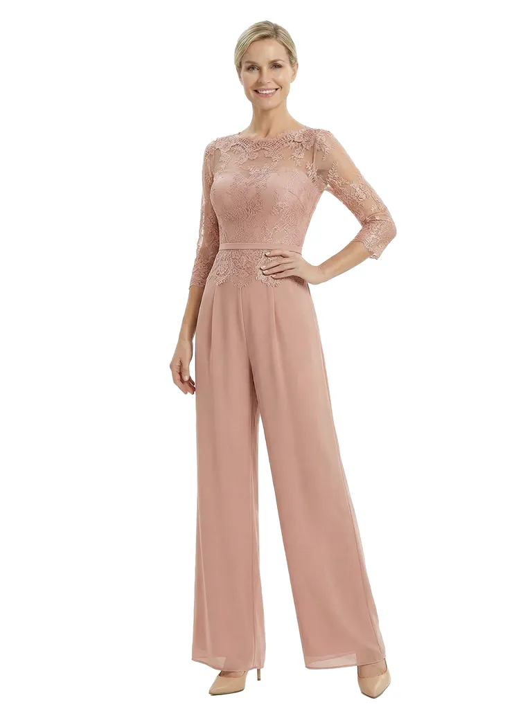 Chicsew Mother Of The Bride Pantsuit Modern Jewel Lace Chiffon Wide Leg Long Outfit Flowy Silhouette sold by ChicSew