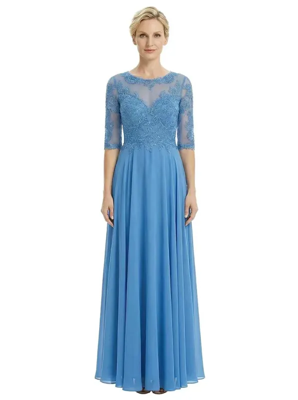 Chicsew Beautiful Illusion Lace Half Sleeves A-Line Chiffon Long Mother Of The Groom Evening Gown made by ChicSew