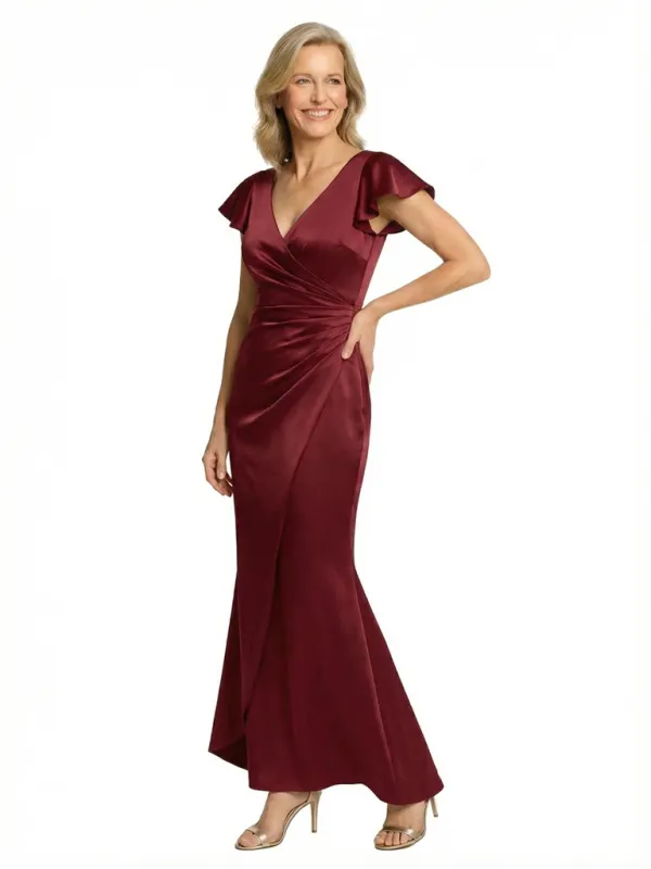 Chicsew Elegant Ruched Flutter Sleeves Satin Mermaid Mother of The Bride Dress sold by ChicSew