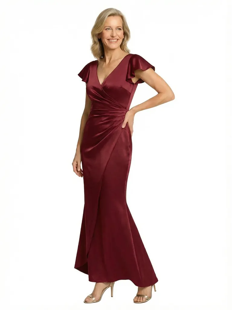 Chicsew Elegant Ruched Flutter Sleeves Satin Mermaid Mother of The Bride Dress sold by ChicSew