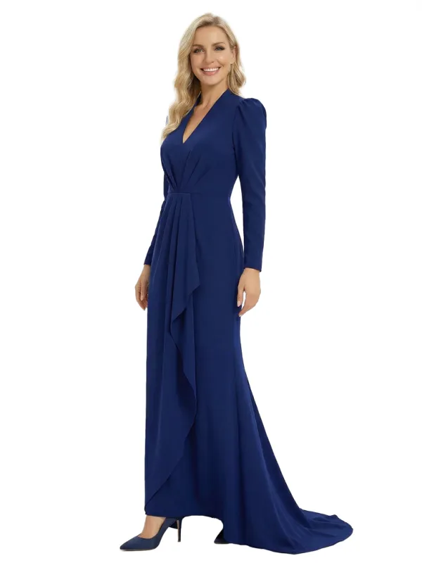 Chicsew Sophisticated Mother of The Groom Dress V-Neck Long Sleeves Ruffled Detail Fitted Train Jersey Fabric Timeless Elegant Formal Wedding Event Gown sold by ChicSew