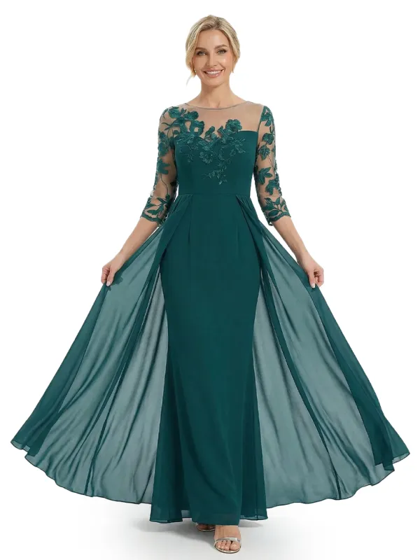 Chicsew Unique Mother of The Bride Dress Illusion Lace Long Sleeves Overlay Chiffon Floor Length Flowy Elegant Formal Occasion Gown sold by ChicSew