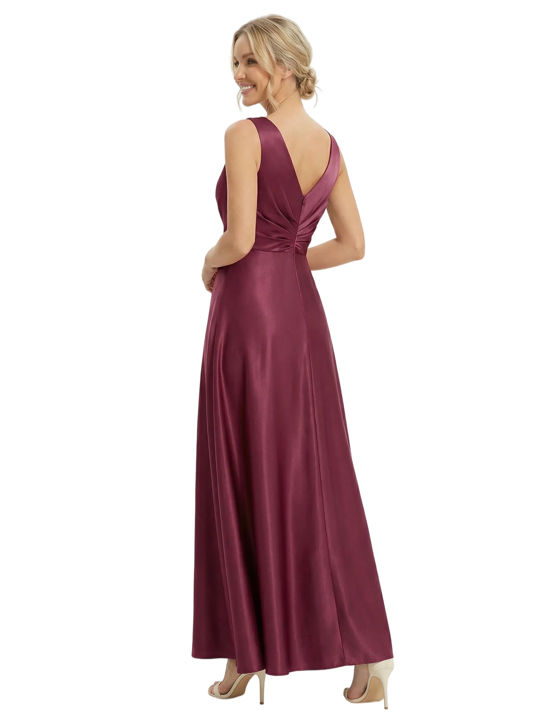 Chicsew Elegant V-Neck Sleeveless Satin Floor-Length A-Line Mother Of The Bride Dress sold by ChicSew product image thumbnail 3