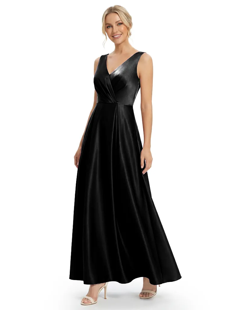 Chicsew Elegant V-Neck Sleeveless Satin Floor-Length A-Line Mother Of The Bride Dress sold by ChicSew product image thumbnail 4