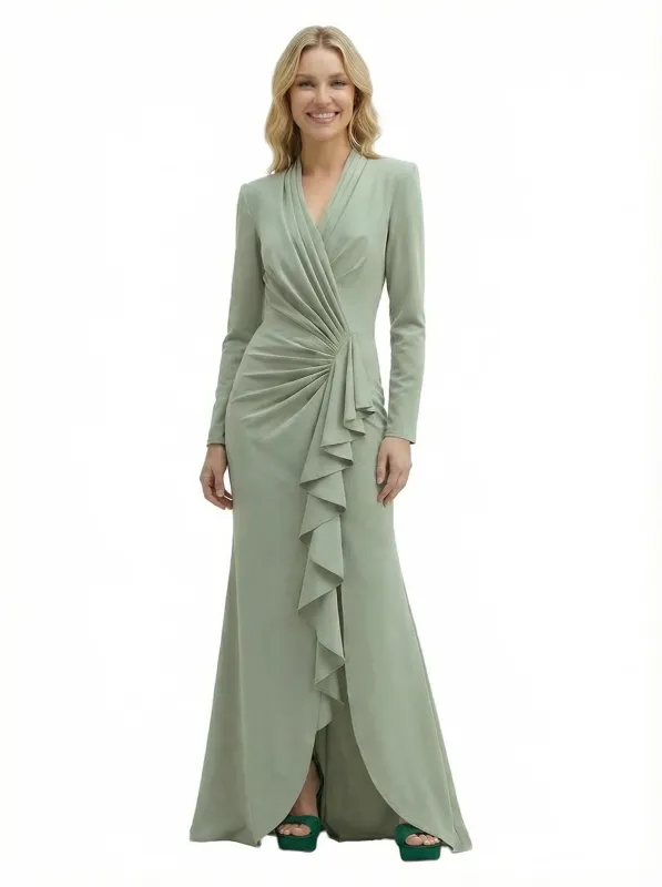Chicsew Fancy Silky Satin V-Neck Ruffled Slit Long Sleeves Dress For Mother Of The Groom With Ruching sold by ChicSew