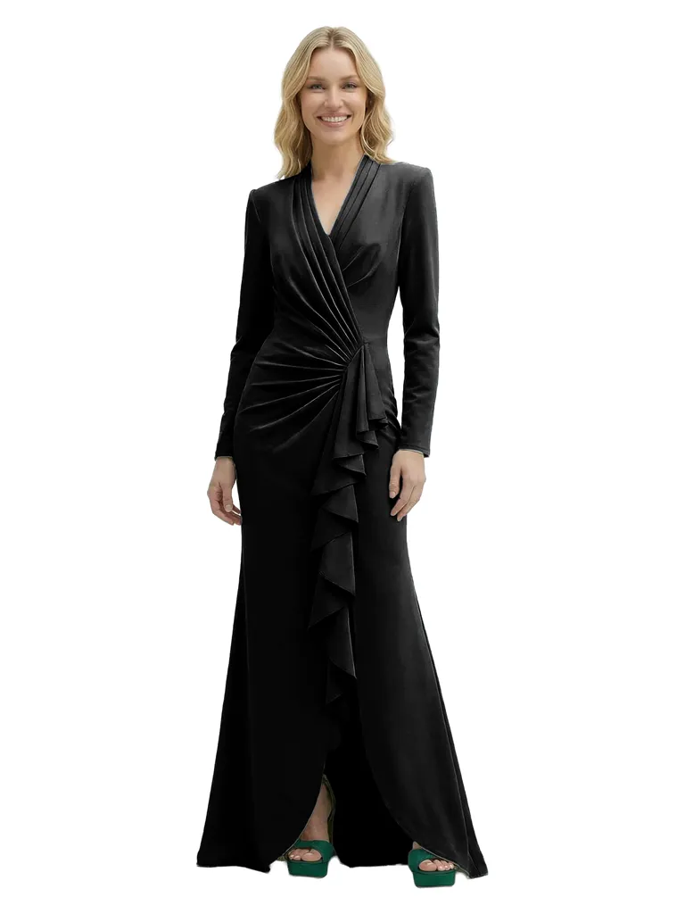 Chicsew Fancy Silky Satin V-Neck Ruffled Slit Long Sleeves Dress For Mother Of The Groom With Ruching sold by ChicSew product image thumbnail 4