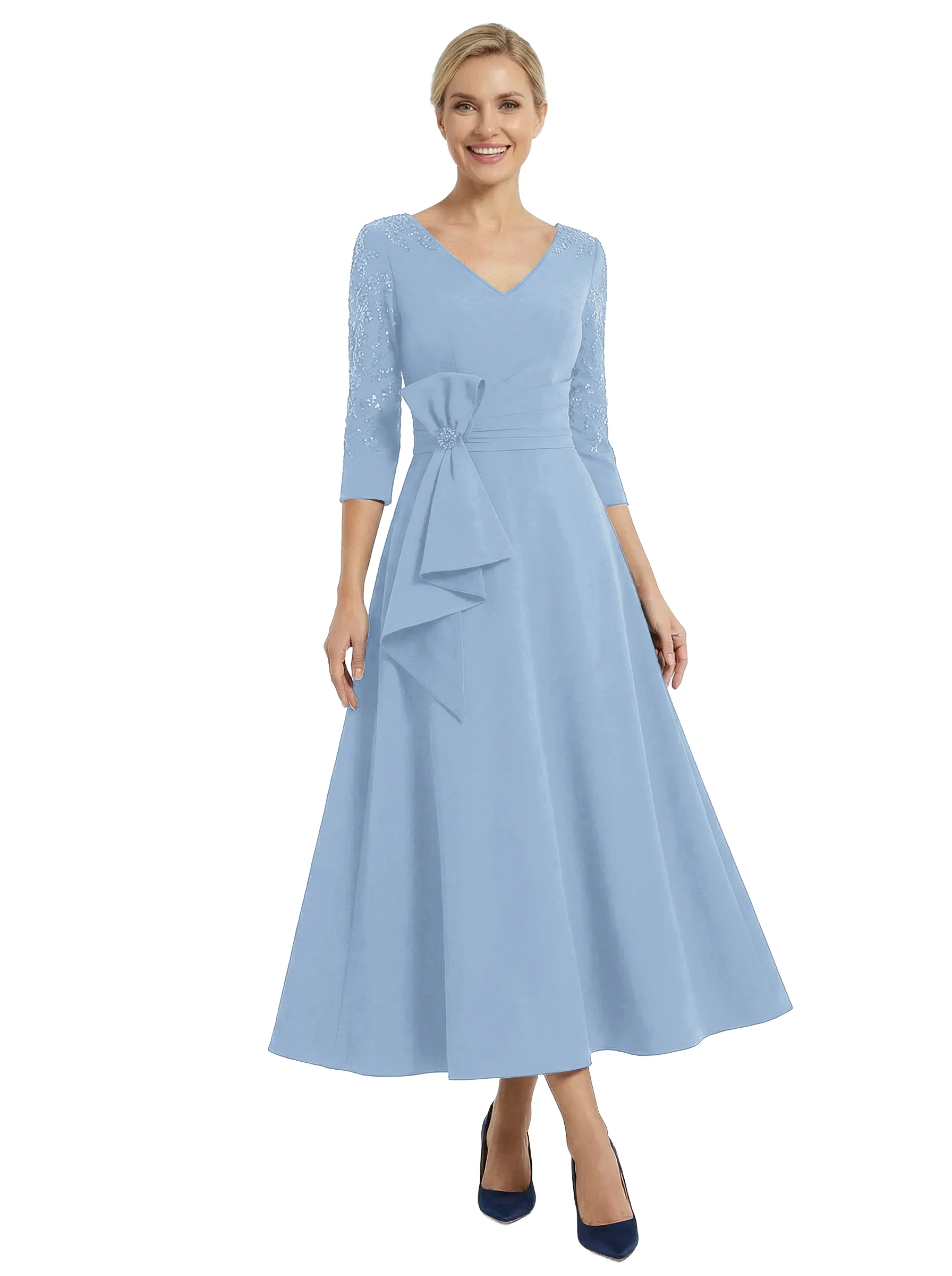 Chicsew Modern V-Neck 3/4 Sleeves Tea-Length A-Line Mother Of The Bride Dresses sold by ChicSew product image thumbnail 5