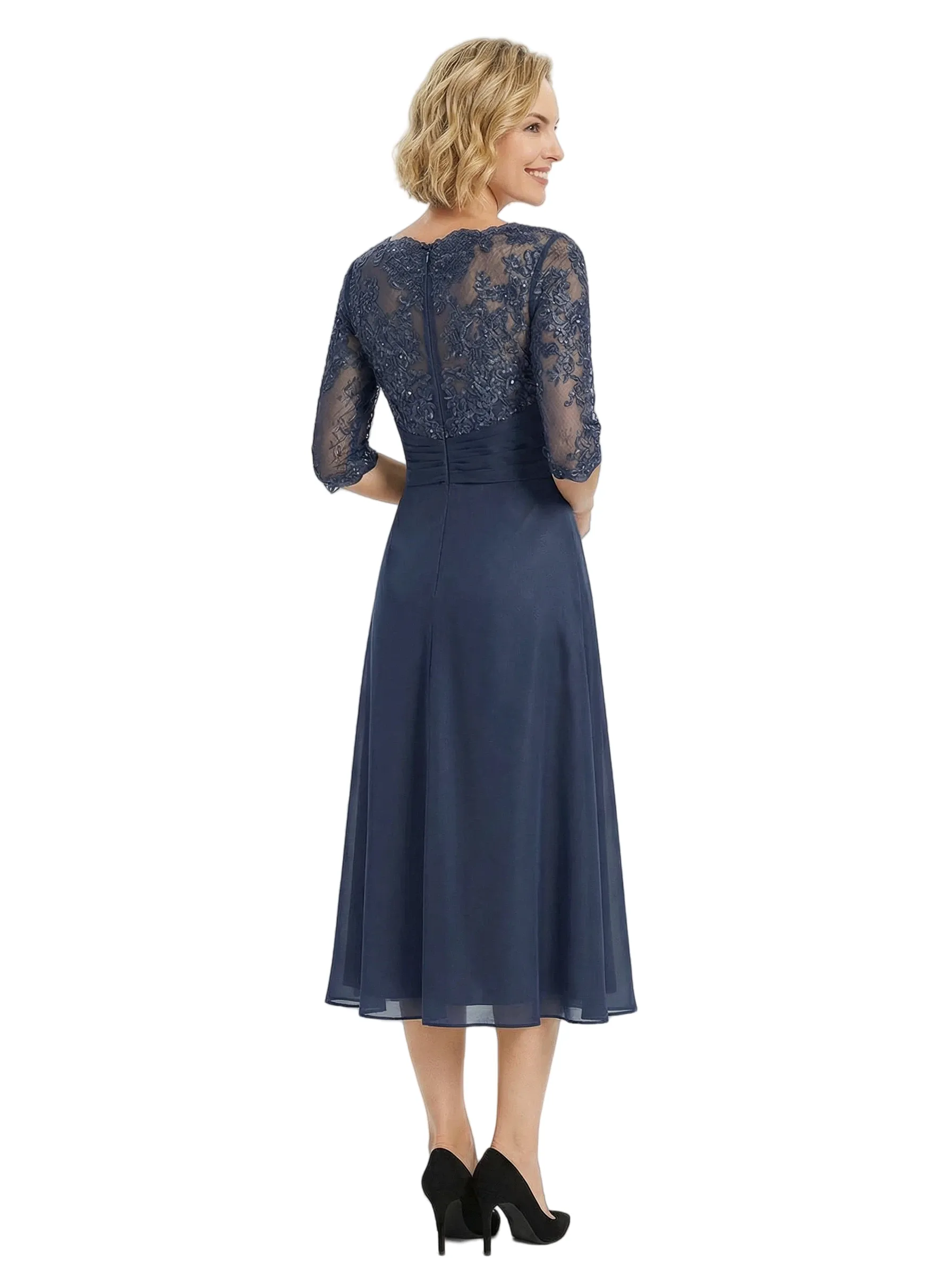 Chicsew Fancy Half Sleeves Lace Applique Chiffon A-Line Ruffle Midi Mother Of The Bride Gown sold by ChicSew product image thumbnail 3