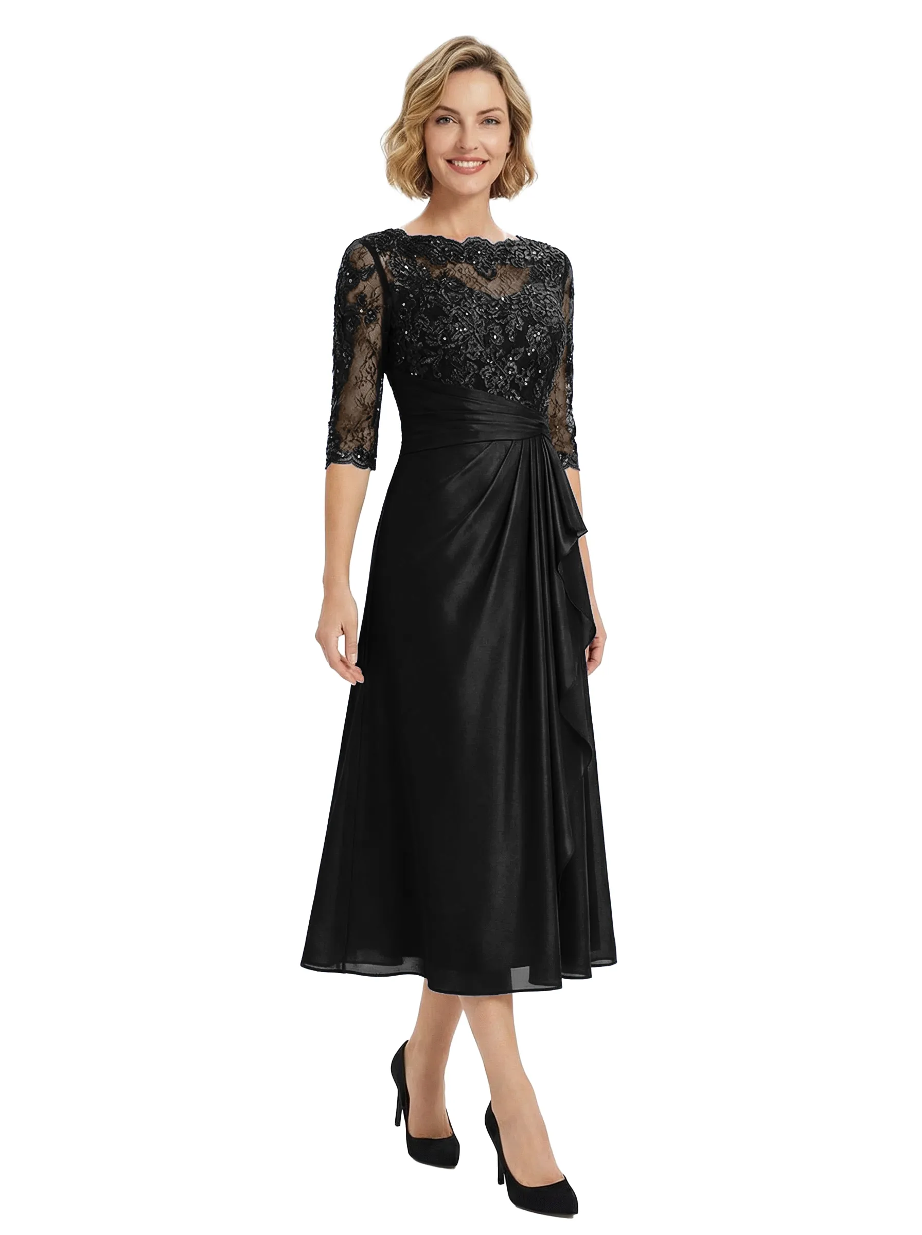 Chicsew Fancy Half Sleeves Lace Applique Chiffon A-Line Ruffle Midi Mother Of The Bride Gown sold by ChicSew product image thumbnail 4