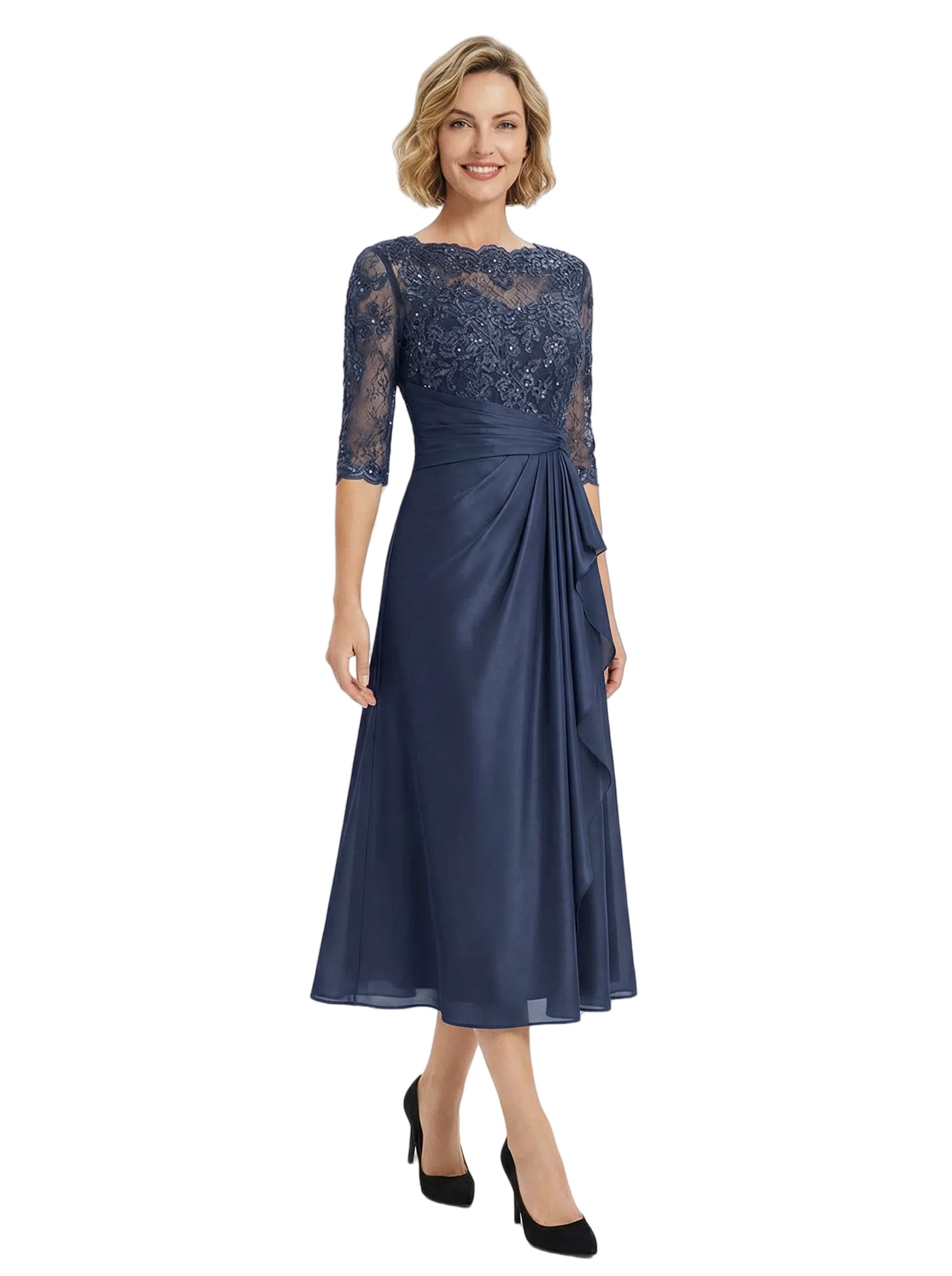Chicsew Fancy Half Sleeves Lace Applique Chiffon A-Line Ruffle Midi Mother Of The Bride Gown sold by ChicSew