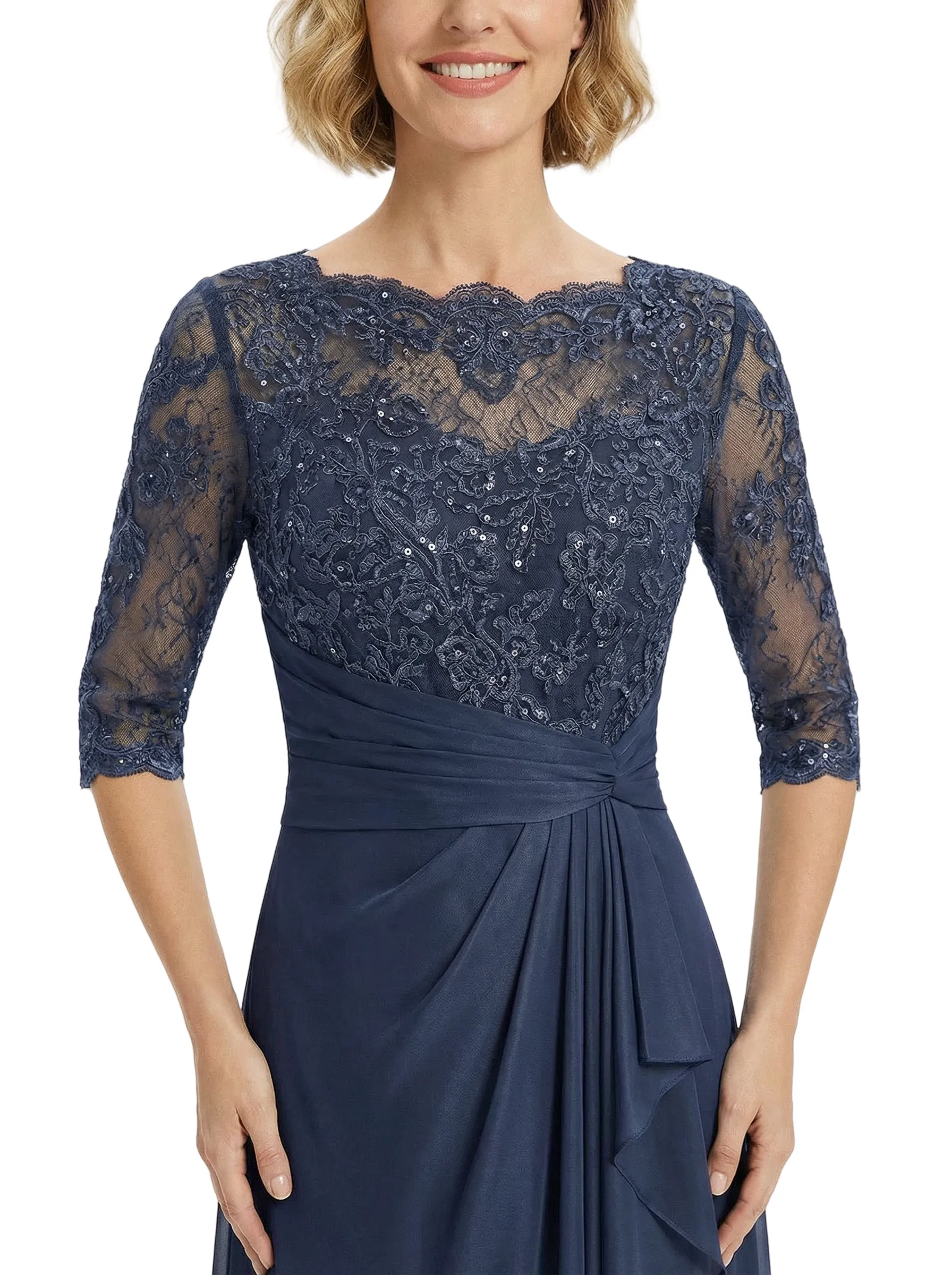 Chicsew Fancy Half Sleeves Lace Applique Chiffon A-Line Ruffle Midi Mother Of The Bride Gown sold by ChicSew product image thumbnail 2