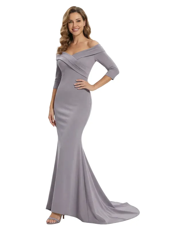 Chicsew Elegant Off Shoulder Long Sleeves Ruched Floor Length Mermaid Mother Of The Groom Dress sold by ChicSew