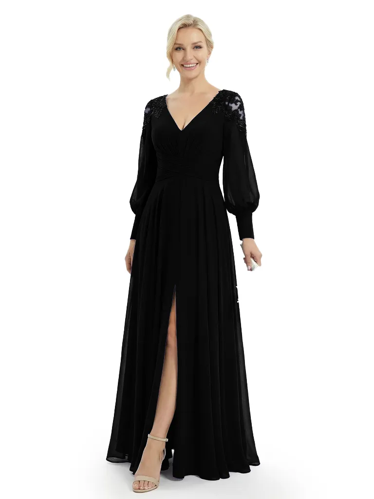 Chicsew Mother Of The Bride Dresses V-Neck Long Sleeve Slit Lace Chiffon Maxi Gown Classy Ruched sold by ChicSew product image thumbnail 4