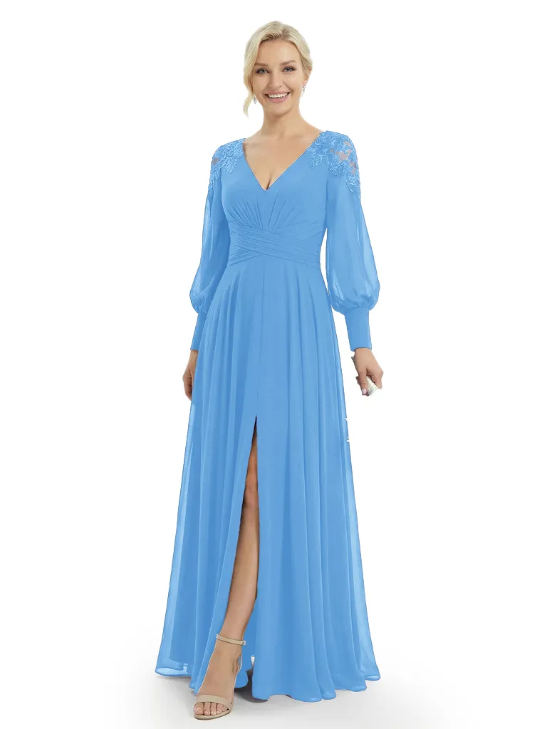 Chicsew Mother Of The Bride Dresses V-Neck Long Sleeve Slit Lace Chiffon Maxi Gown Classy Ruched sold by ChicSew product image thumbnail 5