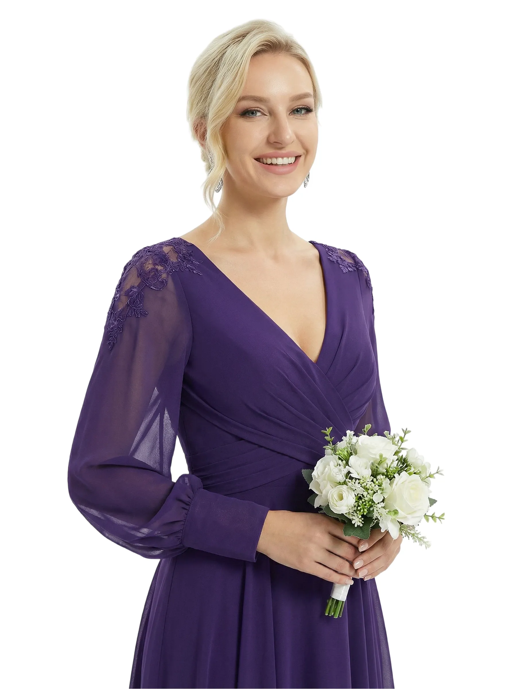 Chicsew Mother Of The Bride Dresses V-Neck Long Sleeve Slit Lace Chiffon Maxi Gown Classy Ruched sold by ChicSew product image thumbnail 2