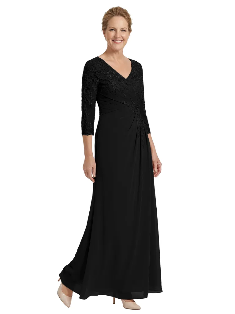Chicsew Classy Mother of The Bride Dress V-Neck Lace 3/4 Sleeve Floor Length Chiffon Ruched Beautiful Formal Gown sold by ChicSew product image thumbnail 4
