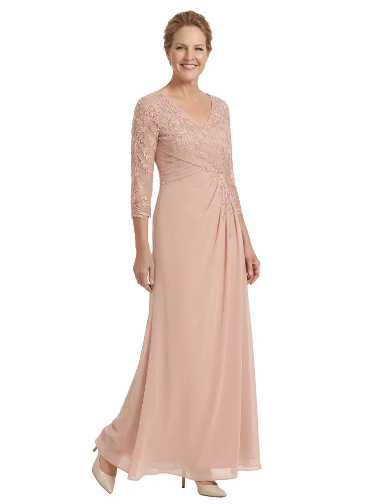 Chicsew Classy Mother of The Bride Dress V-Neck Lace 3/4 Sleeve Floor Length Chiffon Ruched Beautiful Formal Gown sold by ChicSew