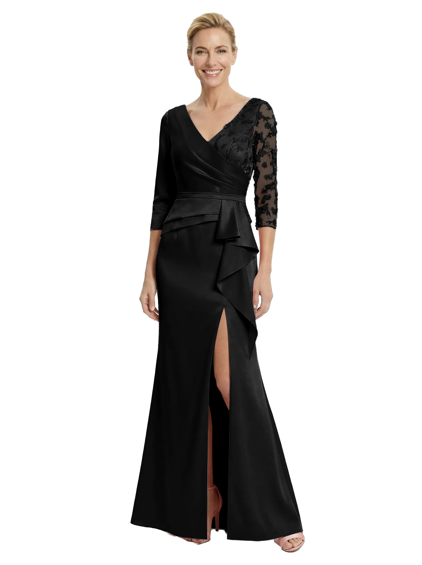 Chicsew Fancy Mother of The Bride Dress V-Neck Lace 3/4 Sleeve Mermaid Floor Length Satin Ruffled Formal Gown sold by ChicSew product image thumbnail 4