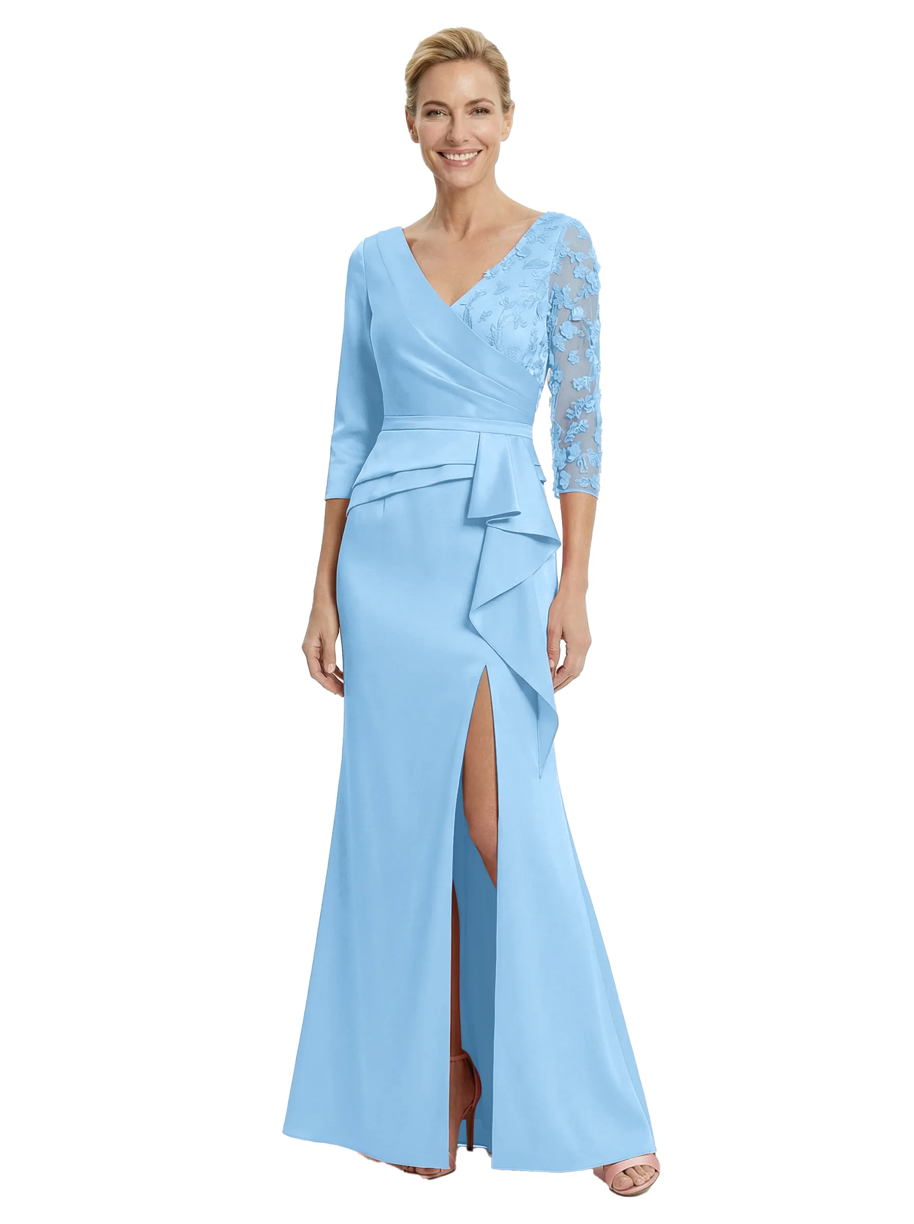 Chicsew Fancy Mother of The Bride Dress V-Neck Lace 3/4 Sleeve Mermaid Floor Length Satin Ruffled Formal Gown sold by ChicSew product image thumbnail 5