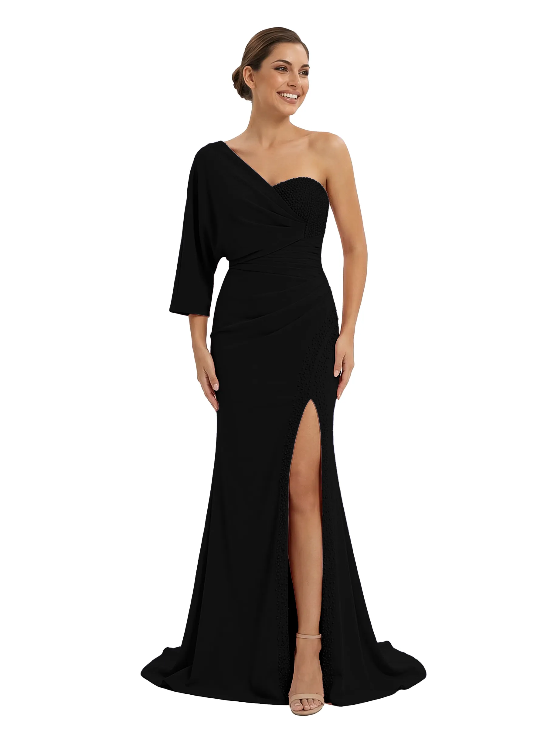 Chicsew Modern Mother of The Bride Dress One Shoulder Half Sleeve Fitted Floor Length Satin with Beaded Classy Elegant Formal Gown sold by ChicSew product image thumbnail 5