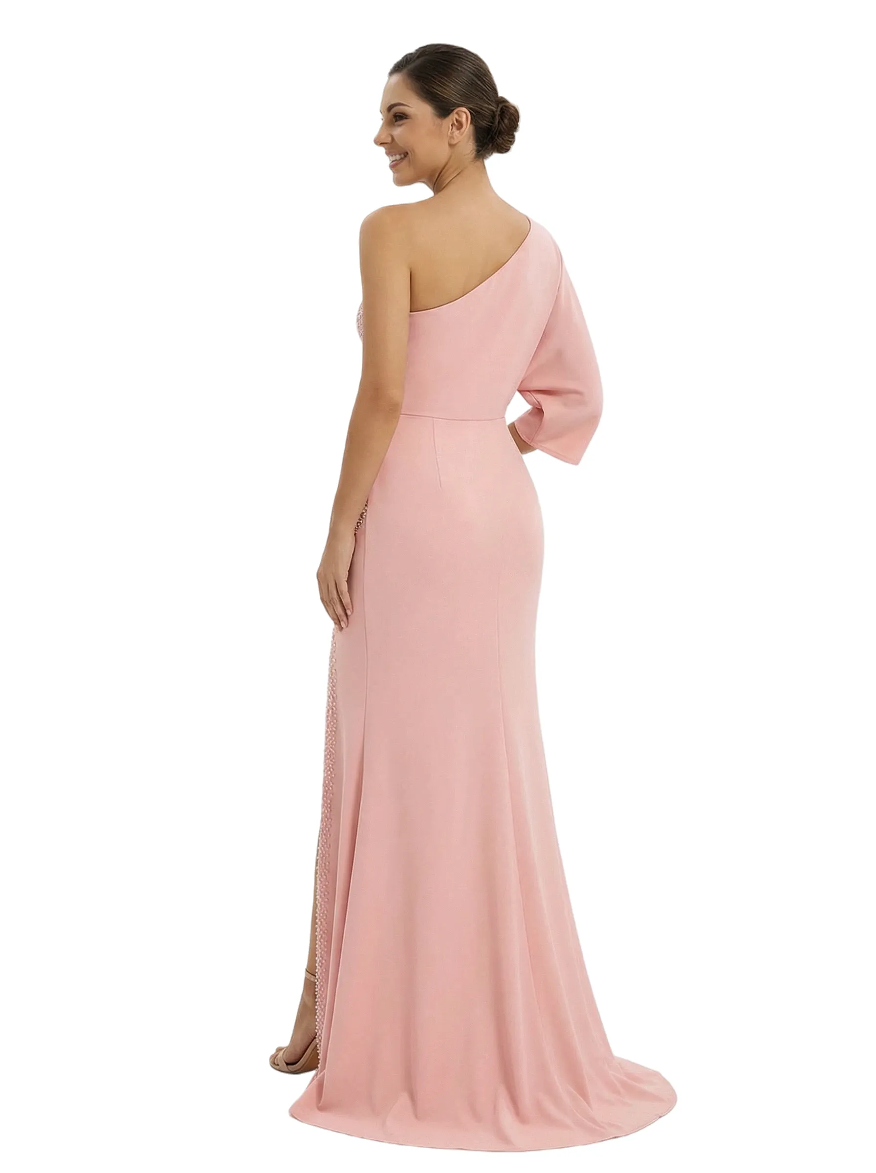 Chicsew Modern Mother of The Bride Dress One Shoulder Half Sleeve Fitted Floor Length Satin with Beaded Classy Elegant Formal Gown sold by ChicSew product image thumbnail 3