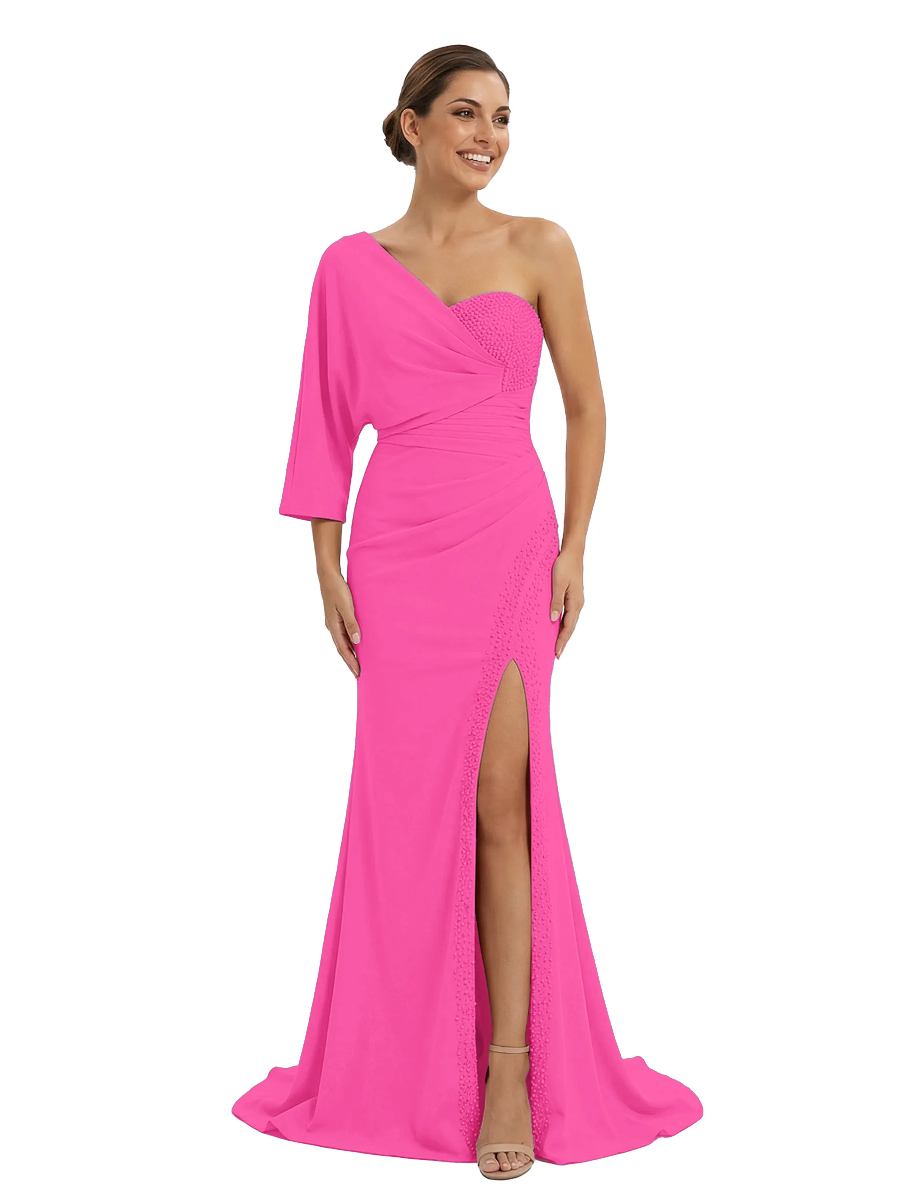 Chicsew Modern Mother of The Bride Dress One Shoulder Half Sleeve Fitted Floor Length Satin with Beaded Classy Elegant Formal Gown sold by ChicSew product image thumbnail 4