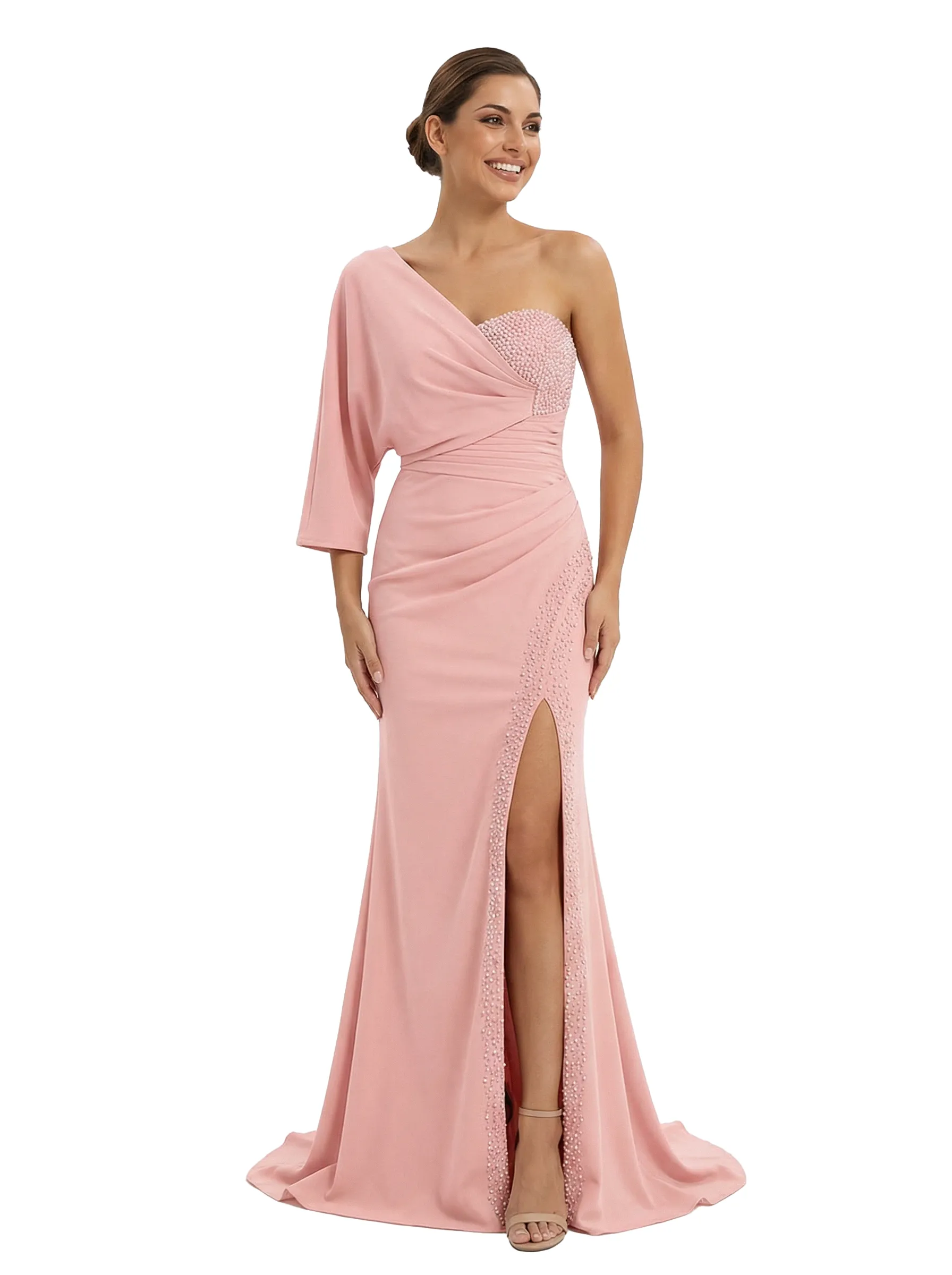 Chicsew Modern Mother of The Bride Dress One Shoulder Half Sleeve Fitted Floor Length Satin with Beaded Classy Elegant Formal Gown sold by ChicSew