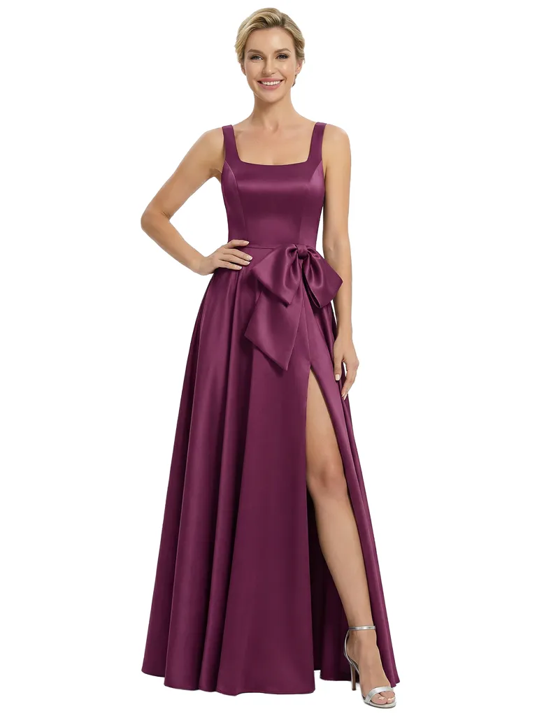 Chicsew Classy Square Neck Satin Side Slit Mother Of The Bride Dresses A-Line Gown With Bow sold by ChicSew