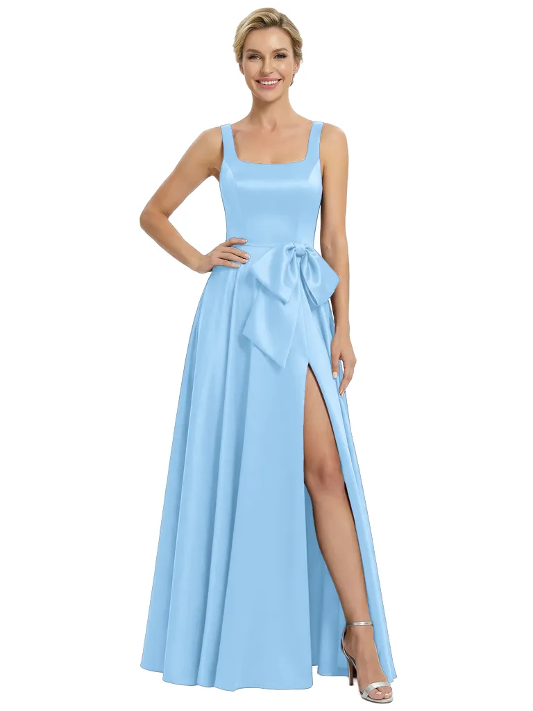 Chicsew Classy Square Neck Satin Side Slit Mother Of The Bride Dresses A-Line Gown With Bow sold by ChicSew product image thumbnail 5