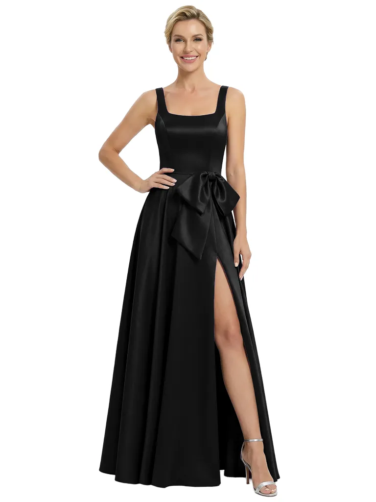 Chicsew Classy Square Neck Satin Side Slit Mother Of The Bride Dresses A-Line Gown With Bow sold by ChicSew product image thumbnail 4