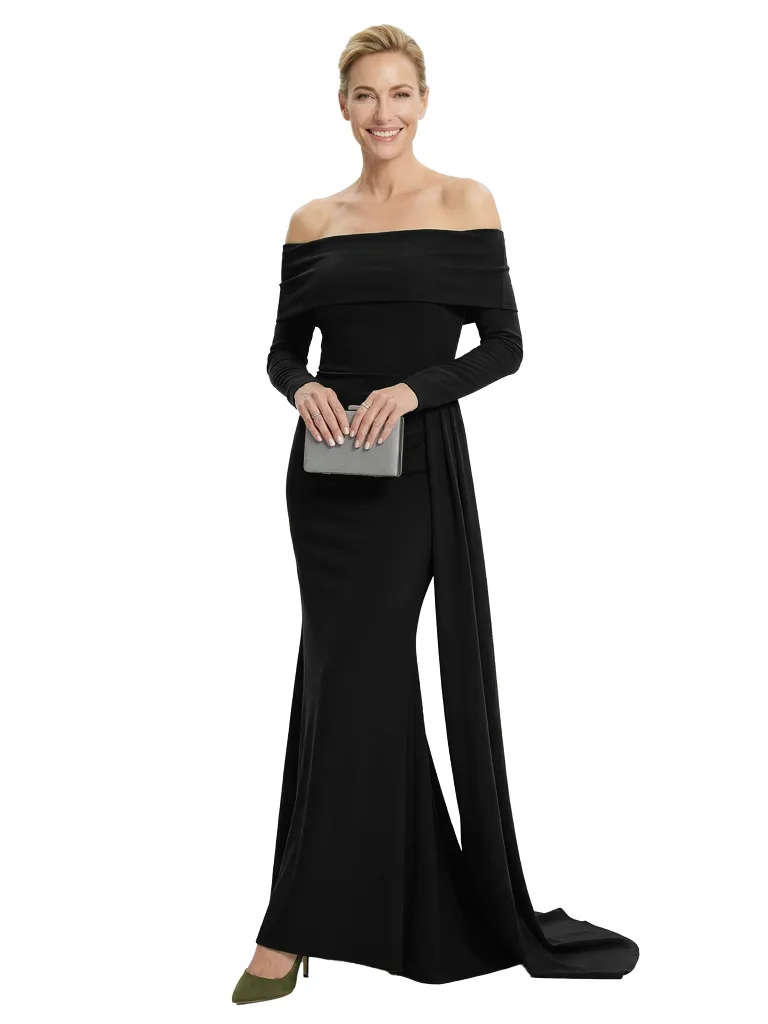 Chicsew Mother of The Groom Dress Off Shoulder Long Sleeve Trumpet Maxi Gown with Train Classy Silhouette sold by ChicSew product image thumbnail 4