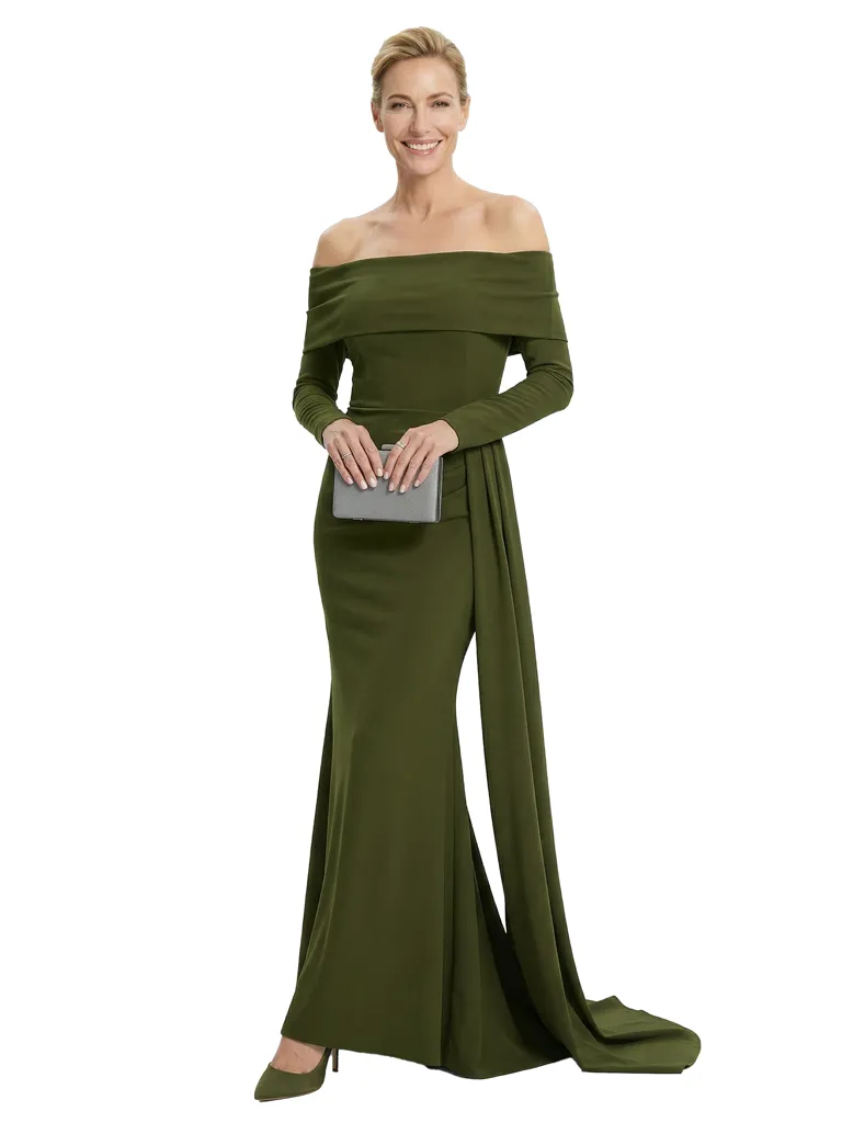 Chicsew Mother of The Groom Dress Off Shoulder Long Sleeve Trumpet Maxi Gown with Train Classy Silhouette sold by ChicSew
