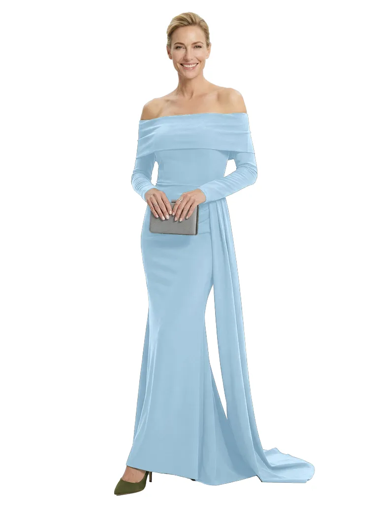 Chicsew Mother of The Groom Dress Off Shoulder Long Sleeve Trumpet Maxi Gown with Train Classy Silhouette sold by ChicSew product image thumbnail 5